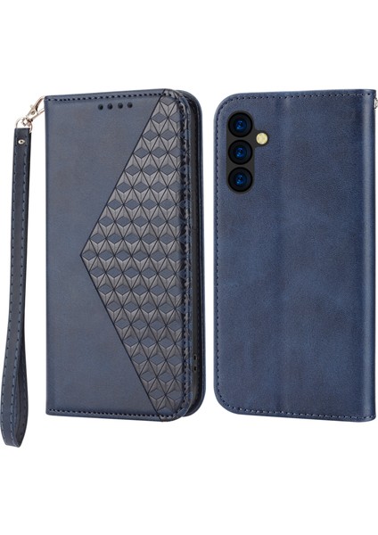 Samsung Galaxy A54 Için 5g Baskılı Rhombus Desen Buzağı Dokusu Telefon Kapağı Kabuk Pu Deri Cüzdan Stand Manyetik Kapanma Kılıf Mavisi (Yurt Dışından)