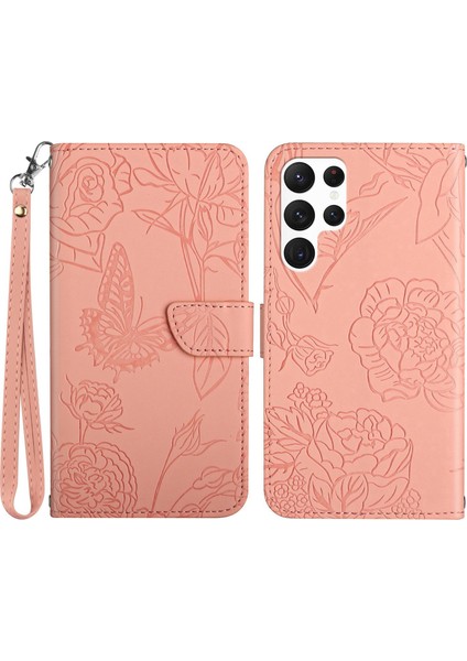 Samsung Galaxy S23 Ultra Için Cilt Touch Pu Deri Telefon Kılıfı, HT03 Baskılı Kelebek Çiçekleri Manyetik Cüzdan Stand Şok Geçirmez Flip Telefon Kapağı Strap-Pink ile (Yurt Dışından)