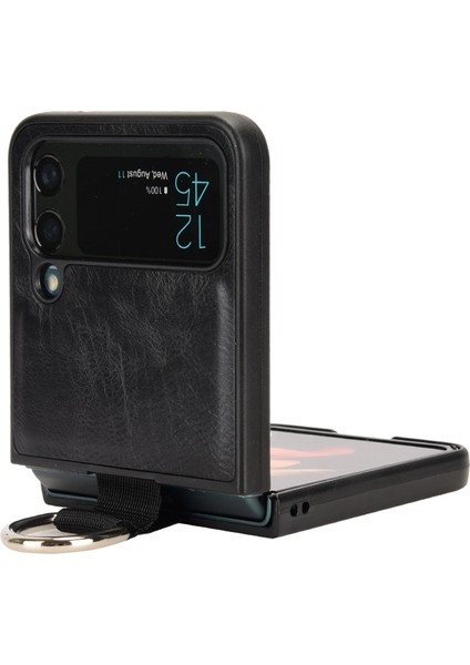 Samsung Galaxy Z Flip4 Için 5g Parmak Yüzüğü Tutucu Katlanır Telefon Kasası Pu Deri Kaplı Pc Arka Kapak-Siyah (Yurt Dışından)