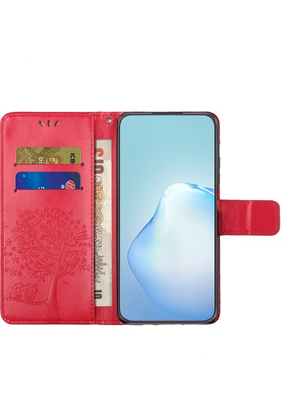 Samsung Galaxy A04 4g (164.4 x 76.3 x 9.1 MM)/M13 5g Anti-Düşen Pu Deri Telefon Kasası Basılmış Baykuş Ağacı Desen Flip Cüzdan Kapağı Stand-Kırmızısı (Yurt Dışından)