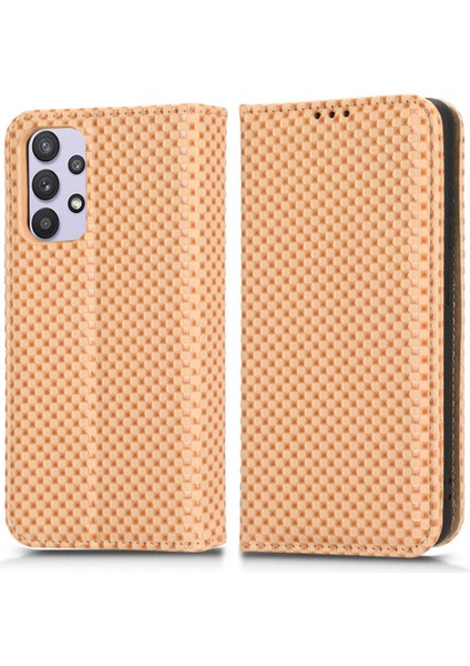 Samsung Galaxy A32 4g (Ab Versiyonu) Izgara Dokusu Tam Kapsama Pu Deri Stand Kılıfı Manyetik Otomatik Absorbed Cep Telefonu Cüzdan Kapak Bej (Yurt Dışından)