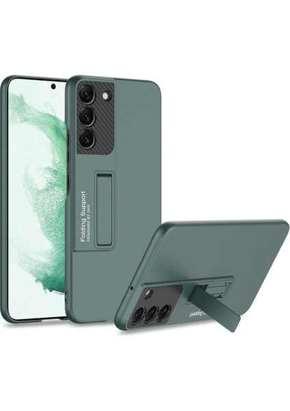 Samsung Galaxy S22 Için Gkk 5g Damla Geçirmez Telefon Kılıfı Karbon Fiber Dokulu Kamera Koruyucusu Ince Telefon Kapağı Gizli Kickstand-Yeşil (Yurt Dışından)