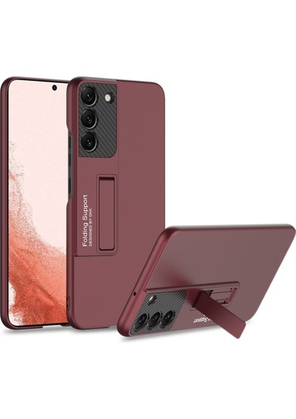 Samsung Galaxy S22 Için Gkk 5g Damla Geçirmez Telefon Kasası Karbon Fiber Dokulu Kamera Koruyucusu Ince Telefon Kapağı Gizli Kickstand-Wine Kırmızı (Yurt Dışından)