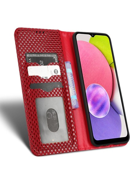 Samsung Galaxy A03S (164.2 x 75.9 x 9.1mm) Şok Geçirmez Telefon Flip Cüzdan Kılıfı Önleyici Pu Deri Izgara Dokusu Telefon Kapağı Standı-Wine Kırmızı (Yurt Dışından)