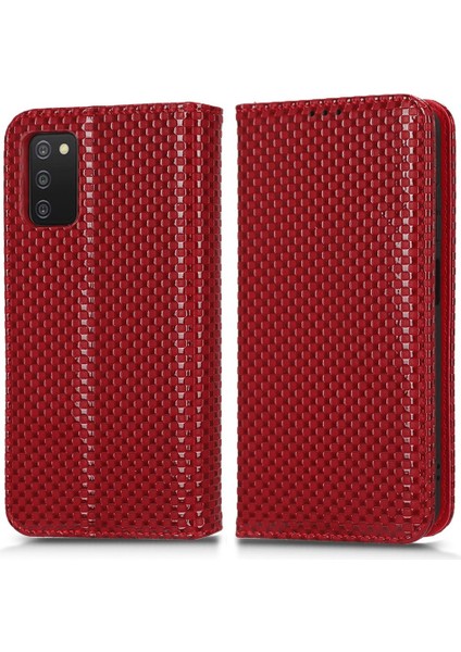 Samsung Galaxy A03S (164.2 x 75.9 x 9.1mm) Şok Geçirmez Telefon Flip Cüzdan Kılıfı Önleyici Pu Deri Izgara Dokusu Telefon Kapağı Standı-Wine Kırmızı (Yurt Dışından)