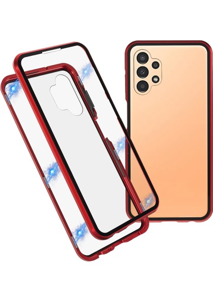 Samsung Galaxy A13 4g Metal Tampon+Çift Taraflı Temperli Cam Manyetik Anti-Shock 360 Derece Koruma Cep Telefonu Kapak-Kırmızı (Yurt Dışından)