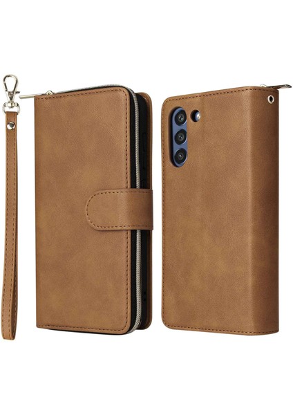 Samsung Galaxy S21 Fe 5g Için Anti-Drop Pu Deri Kabuk, Stand Cüzdan Telefonu Flip Kılıf Magnetic 9 Kart Tutucu Yuvaları Strap-Brown ile Fermuar Cep Kapağı (Yurt Dışından)