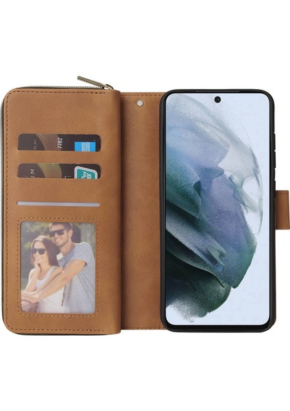 Samsung Galaxy S21 Fe 5g Için Anti-Drop Pu Deri Kabuk, Stand Cüzdan Telefonu Flip Kılıf Magnetic 9 Kart Tutucu Yuvaları Strap-Brown ile Fermuar Cep Kapağı (Yurt Dışından)