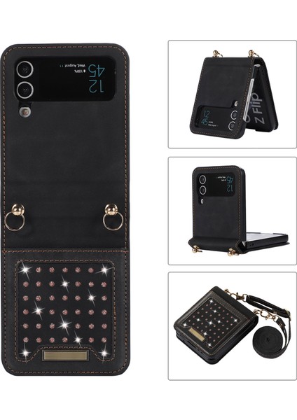Samsung Galaxy Z Flip4 Için 5g Rfıd Engelleme Telefon Kılıfı Rhinestone Dekor Cüzdan Pu Deri Kaplamalı Pc Katlanır Kapak Omuz Kayışı Black (Yurt Dışından)