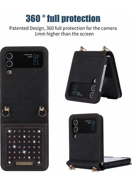 Samsung Galaxy Z Flip4 Için 5g Rfıd Engelleme Telefon Kılıfı Rhinestone Dekor Cüzdan Pu Deri Kaplamalı Pc Katlanır Kapak Omuz Kayışı Black (Yurt Dışından)