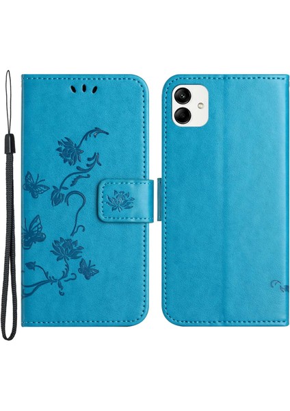 Samsung Galaxy A04 4g (164.4 x 76.3 x 9.1 MM)/M13 5g Kelebek Çiçek Baskılı Pu Deri Koruyucu Telefon Kapak Standı Kayış Mavisi ile Anti-Fall Telefon Cüzdan Kılıfı (Yurt Dışından)