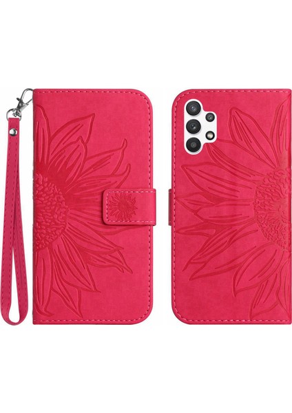Samsung Galaxy A32/M32 Için 5g HT04 Pu Deri Deri Şok Geçirmez Kasa Çıkarılmış Ayçiçeği Cilt Touch Telefon Stand Cüzdan Kapağı El Strap-Rose (Yurt Dışından)