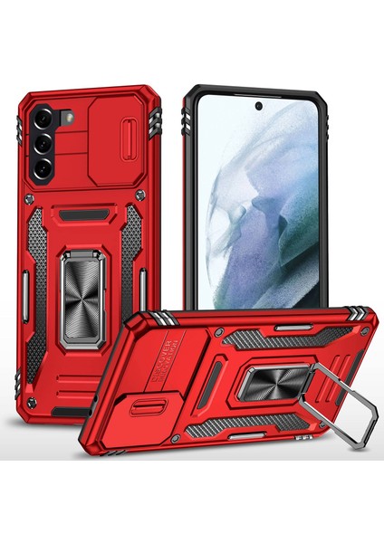 Samsung Galaxy S21+ 5g Slayt Lens Kapağı Pc+ Tpu Ring Kickstand Cep Telefonu Anti-Drop Case-Red Için (Yurt Dışından)