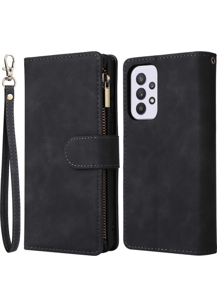 Samsung Galaxy A33 Için 5g Pu Deri Çoklu Kart Yuvaları Stand Kılıf Damgası Damalı Fermuar Cep Cüzdan Telefon Kapak Black (Yurt Dışından)