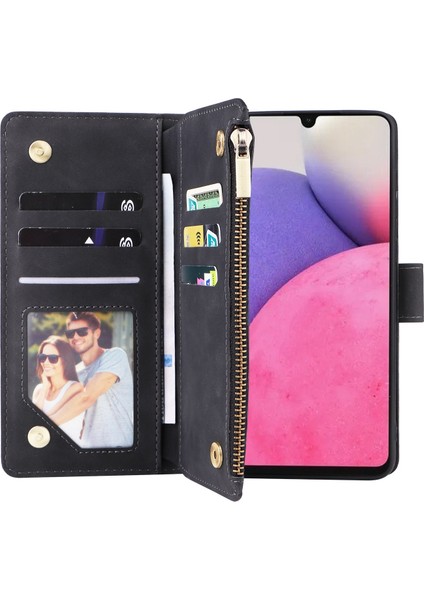 Samsung Galaxy A33 Için 5g Pu Deri Çoklu Kart Yuvaları Stand Kılıf Damgası Damalı Fermuar Cep Cüzdan Telefon Kapak Black (Yurt Dışından)