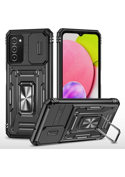 Samsung Galaxy A03S (165.8 x 75.9 x 9.1mm) (Abd Versiyonu) Zırh Serisi Şok Emici Hibrid Sert Pc Yumuşak Tpu Kasa Araba Montajı Kickstand Arka Kabuk Kamera Kapak-Siyah (Yurt Dışından)