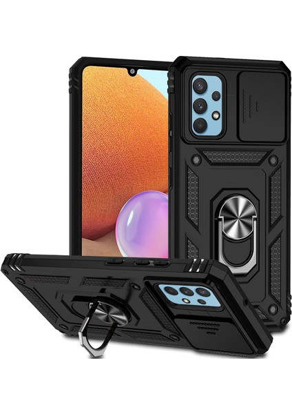 Samsung Galaxy A32 4g (Ab Versiyonu) Için Metal Kickstand Telefon Kasası, Slayt Kamera Koruma-Siyah ile Şok Geçirmez Pc+Tpu Kapağı (Yurt Dışından)