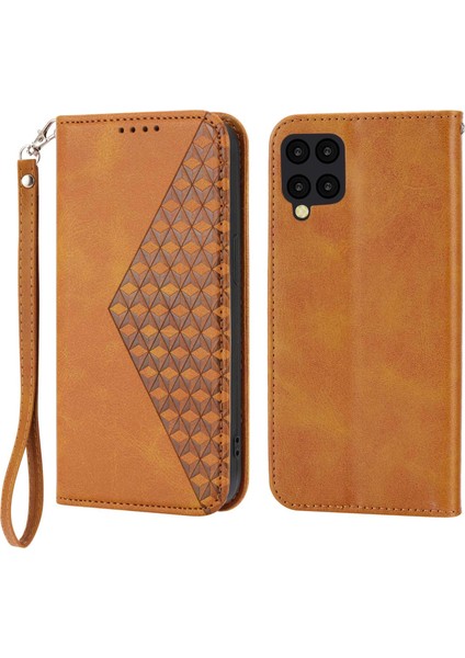 Samsung Galaxy A12 Için Basılı Rhombus Desen Telefon Kılıfı, Buzağı Dokusu Pu Deri Damla Damla Rahat Telefon Kapak Stand Strap-Sarı ile (Yurt Dışından)