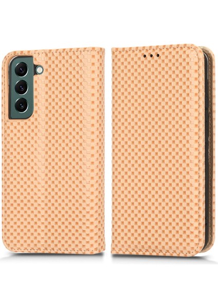 Samsung Galaxy S21+ 5g Anti-Fall Pu Deri Deri Telefon Kasası Giyim Dayanıklı Izgara Dokusu Koruyucu Telefon Flip Cüzdan Kapağı Stand Beige (Yurt Dışından)
