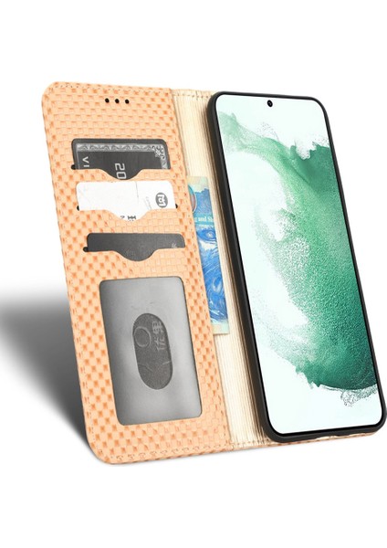 Samsung Galaxy S21+ 5g Anti-Fall Pu Deri Deri Telefon Kasası Giyim Dayanıklı Izgara Dokusu Koruyucu Telefon Flip Cüzdan Kapağı Stand Beige (Yurt Dışından)