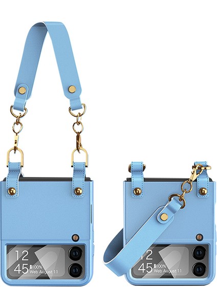 Samsung Galaxy Z Flip4 Için Gkk 5g Sert Pc Ince Telefon Kapak El Strap Strap Anti-Drop Kılıfı Temperli Cam Küçük Ekran Film Mavisi (Yurt Dışından)
