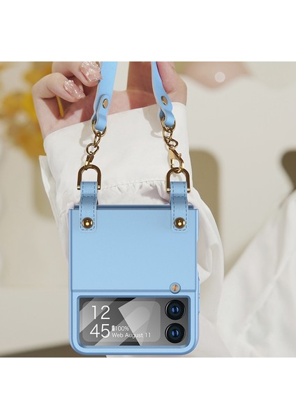Samsung Galaxy Z Flip4 Için Gkk 5g Sert Pc Ince Telefon Kapak El Strap Strap Anti-Drop Kılıfı Temperli Cam Küçük Ekran Film Mavisi (Yurt Dışından)
