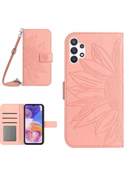 Samsung Galaxy A32 Için 5G/M32 5g HT04 Cilt Touch Baskılı Ayçiçeği Telefon Kapağı Pu Deri Deri Şok Geçirmez Stand Cüzdan Kılıf Omuz Kayış Işık Pembe (Yurt Dışından)