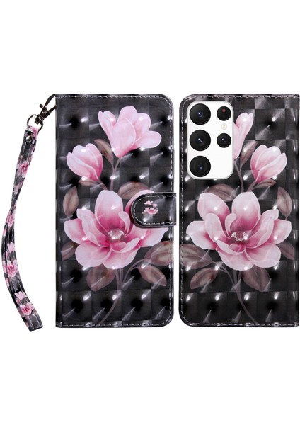 Samsung Galaxy S23 Için Ultra Pu Deri Cüzdan Kılıfı 3D Desen Baskı Şok Geçirmez Telefon Stand Kapağı Bilek Kayış-Pembe Çiçek (Yurt Dışından)