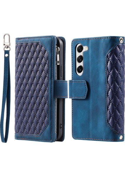 Samsung Galaxy S23 Için+ Rhombus Baskılı Pu Deri Deri Flip Cüzdan Kılıfı Manyetik Çantası Fermuarı Cep Stand Telefon Kapağı Strap-Mavi ile (Yurt Dışından)