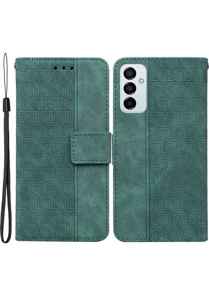 Samsung Galaxy M13 4g Için Pu Deri Koruyucu Kabuk, Geometri Baskılı Şok Geçirmez Kasık Telefon Standı Cüzdan Kapağı Strap-Yeşili (Yurt Dışından)