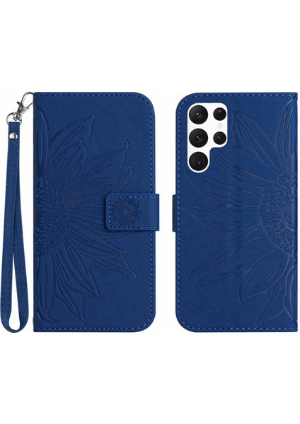 Samsung Galaxy S22 Ultra 5g Için Pu Deri Telefon Kılıfı, HT04 Baskılı Ayçiçeği Cilt Dokunma Standı Manyetik Kapanma Anti-Drop Telefon Cüzdan Kapağı Strap-Sapfire (Yurt Dışından)