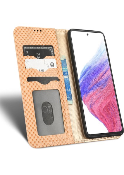 Samsung Galaxy A53 Için 5g 5g Grid Doku Pu Deri Deri Stand Cüzdan Kılıfı Manyetik Otomatik Emzersiz Folio Flip Telefon Kapak Bej (Yurt Dışından)
