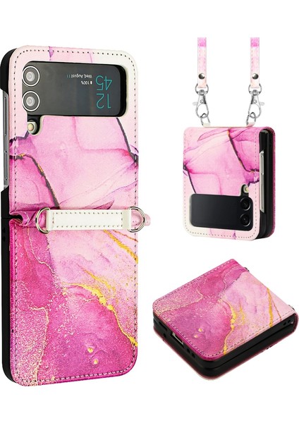 Samsung Galaxy Z Flip4 Için Telefon Kılıfı 4 5g Mermer Desen Pu Deri Derdan Koşullu Kapak Uzun Kayış Pembe/mor/altın LS001 (Yurt Dışından)