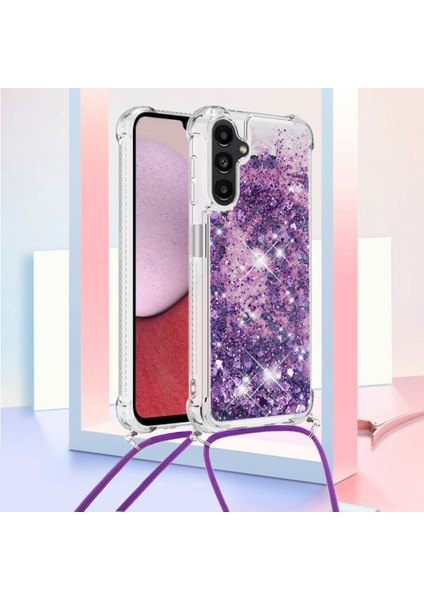 Samsung Galaxy A14 Için 5g Clear Sparkle Hareketli Quicksand Case Yumuşak Tpu Koruyucu Telefon Kapağı Lanyard-Dark Mor/kalpler (Yurt Dışından)