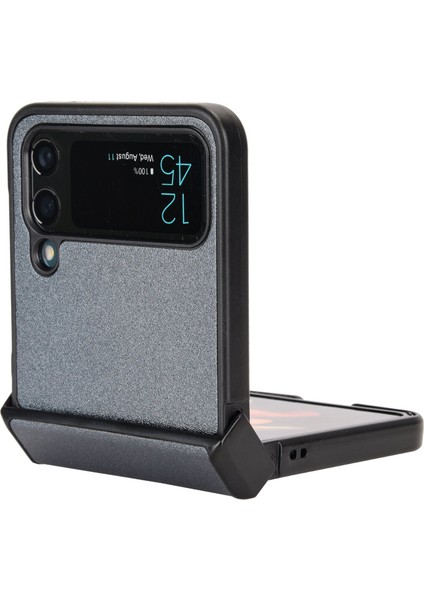 Samsung Galaxy Z Flip4 Için 5g Kum Benzeri Doku Pu Deri+Pc Koruyucu Telefon Kapağı Yan Menteşe Tasarım Silver ile Katlanır Kılıf (Yurt Dışından)
