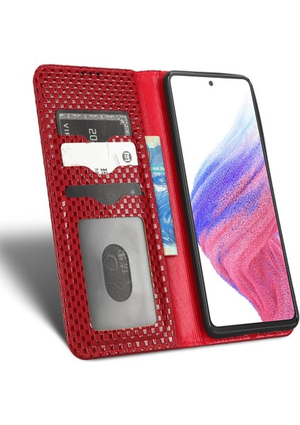 Samsung Galaxy A53 Için 5g 5g Grid Doku Pu Deri Deri Stand Cüzdan Kılıfı Manyetik Otomatik Obsorbed Folio Flip Telefon Kapak Kırmızısı (Yurt Dışından)