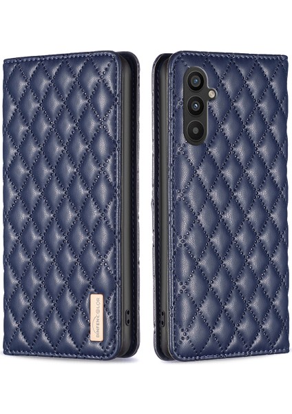Samsung Galaxy A34 Için 5g Baskılı Rhombus Desen Folio Kitap Standı Pu Deri Deri Gizli Manyetik Emilim Kart Yuvaları Mavisi ile Koruyucu Kapak (Yurt Dışından)
