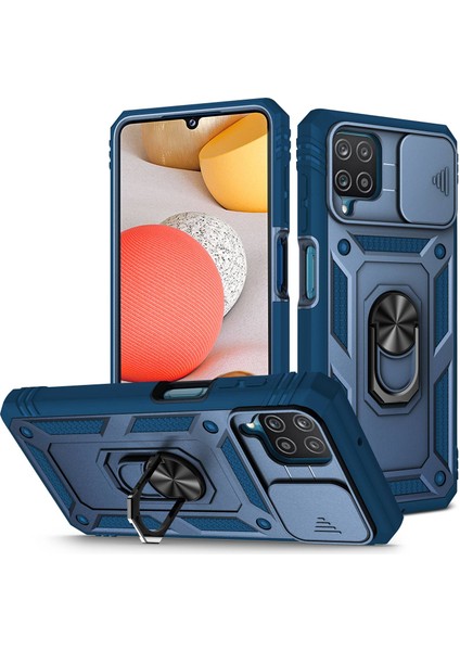Samsung Galaxy A42 5g Telefon Kapak Halkası Kickstand Çok Koruma Koruma Cep Telefonu Kılıf Kart Tutucu Sürgülü Kameralı Kapak Mavisi (Yurt Dışından)