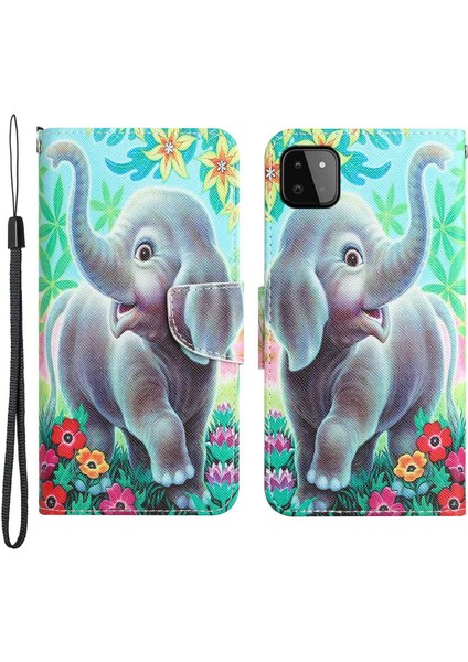 Samsung Galaxy A22 5g (Ab Versiyonu) Desen Baskı Telefon Kılıfı Çapraz Doku Pu Deri Stand Cüzdan Tam Koruma Kapak-Elephant (Yurt Dışından)