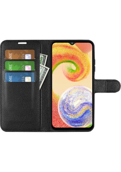 Samsung Galaxy A04 4g (164.4 x 76.3 x 9.1 Mm) Için Folio Flip Telefon Kasası, Şok Geçirmez Litchi Doku Pu Deri Cüzdan Standı Koruyucu Kapak-Siyah (Yurt Dışından)