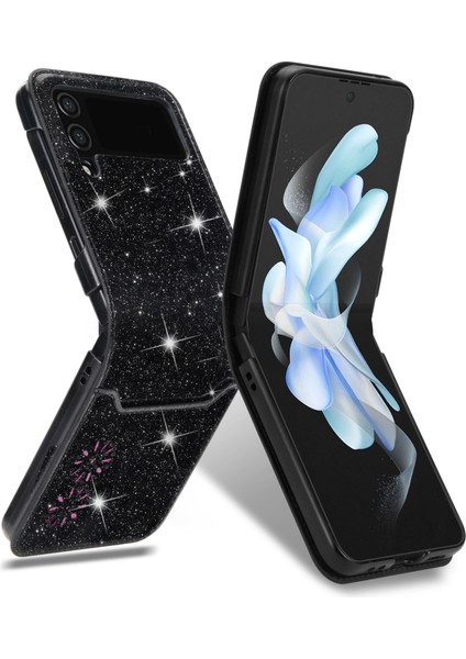 Samsung Galaxy Z Flip4 Için 5g Kart Yuvası Tasarımı Lazer Oyma Işıltılı Yıldızlı Stil Pu Deri Kaplı Sert Pc Kasa Arka Kapak-Siyah (Yurt Dışından)