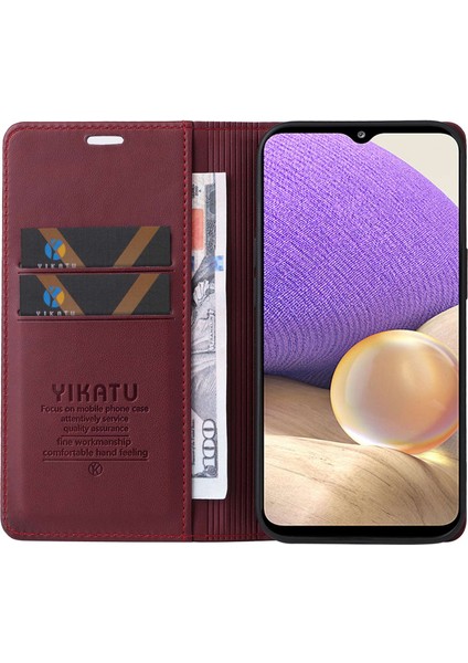 Samsung Galaxy A32 5G/M32 5g Pu Deri Deri Cüzdan Stand Otomatik Kapatma Manyetik Anti-Drop Telefon Kapak Kırmızısı (Yurt Dışından)