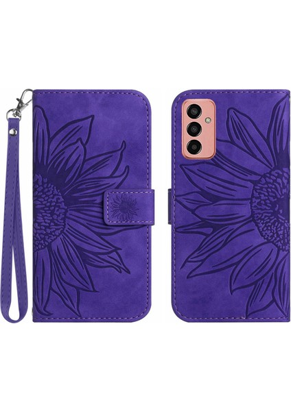 Samsung Galaxy Için M13 4g (Global Versiyon) HT04 Splash-Değiştirilmiş Pu Deri Deri Cep Telefon Koruma Kapağı Strap-Dark Mor ile Baskılı Ayçiçeği Stand Cüzdan Telefon Kılıfı (Yurt Dışından)