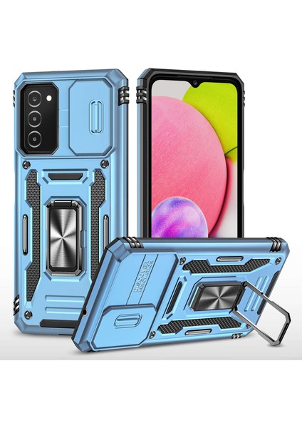 Samsung Galaxy A03S (166.5 x 75.98 x 9.14MM) Zırh Serisi Bump Proof Hybrid Hard Pc Yumuşak Tpu Şok Geçirmez Kasa Yüzük Araba Montajı Kickstand Arka Kabuk Kamera Kapak Işığı Mavi (Yurt Dışından)
