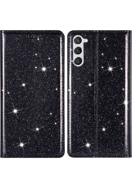 Samsung Galaxy S23 Için+ Glitter Sequins Katlanabilir Stand Telefon Kılıfı Pu Deri Kart Tutucu Anti-Drop Cover-Black (Yurt Dışından)