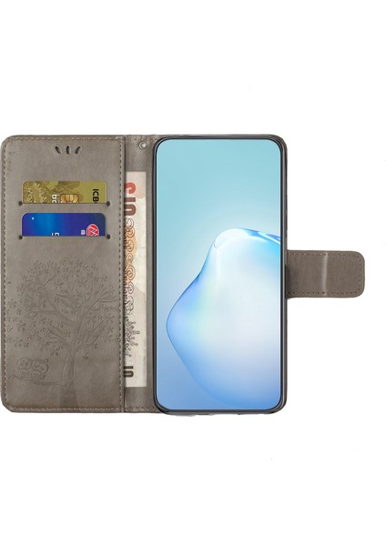 Samsung Galaxy A04 4g (164.4 x 76.3 x 9.1 MM)/M13 5g Anti-Fall Pu Deri Telefon Kasası Basılmış Baykuş Ağacı Deseni Flip Cüzdan Kapağı Stant-Grey (Yurt Dışından)
