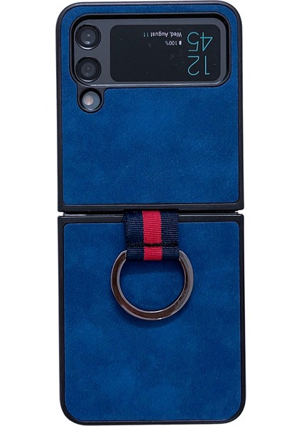Samsung Galaxy Z Flip4 Için 5g Metal Parmak Halkası Telefon Kılıf Anti-Çizelge Pu Deri Kaplamalı Pc Arka Kapak Mavisi (Yurt Dışından)