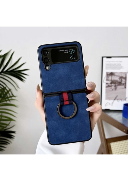 Samsung Galaxy Z Flip4 Için 5g Metal Parmak Halkası Telefon Kılıf Anti-Çizelge Pu Deri Kaplamalı Pc Arka Kapak Mavisi (Yurt Dışından)