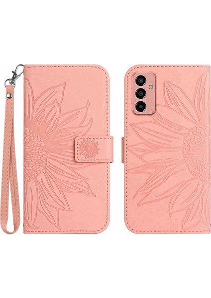 Samsung Galaxy Için M13 4g (Global Versiyon) HT04 Splash-Proof Cilt Dokunlu Pu Deri Cep Telefon Koruma Kapağı Baskılı Ayçiçeği Stand Cüzdan Telefon Kılıfı Strap-Light Pembe (Yurt Dışından)