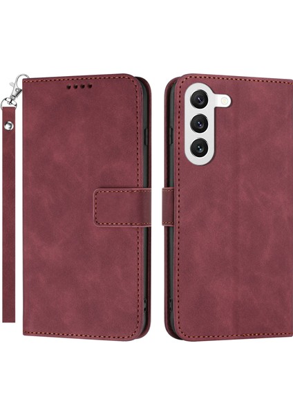 Samsung Galaxy S23 Telefon Kasası Manyetik Toka Pu Deri Standı Cep Telefonu Flip Cüzdan Kapağı Strap-Wine Kırmızı ile (Yurt Dışından)